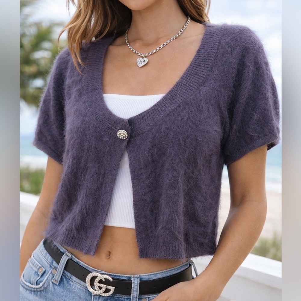 y2k Express Design Studio Angora Fur Fuzzy Cropped Shrug Cardigan Large Purple‎
